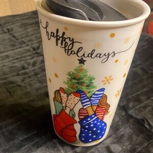 Home Essentials Festive Ceramic Travel Mug - White, Red, Blue